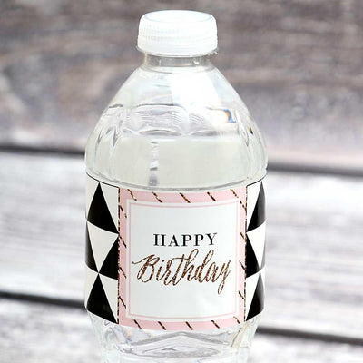 Chic Happy Birthday - Pink, Black and Gold - Birthday Party Water Bottle Sticker Labels - Set of 20