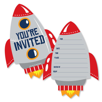 Blast Off to Outer Space - Shaped Fill-In Invitations - Rocket Ship Baby Shower or Birthday Party Invitation Cards with Envelopes - Set of 12