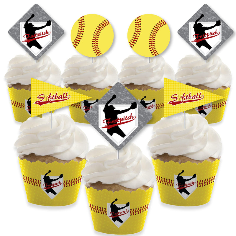 Grand Slam - Fastpitch Softball - Cupcake Decoration - Birthday Party or Baby Shower Cupcake Wrappers and Treat Picks Kit - Set of 24
