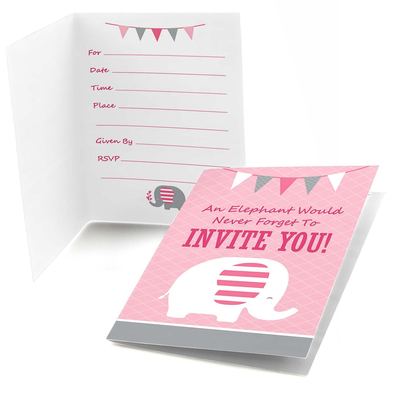 Pink Elephant - Fill In Girl Baby Shower or Birthday Party Invitations - 8 ct