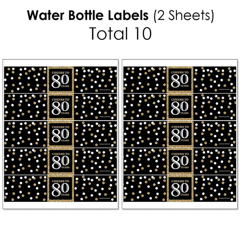 Adult 80th Birthday - Gold - Mini Wine Bottle Labels, Wine Bottle Labels and Water Bottle Labels - Birthday Party Decorations - Beverage Bar Kit - 34 Pieces