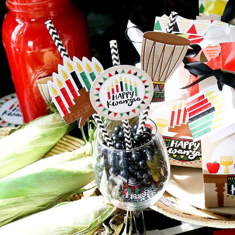 Happy Kwanzaa - Paper Straw Decor - African Heritage Holiday Striped Decorative Straws - Set of 24