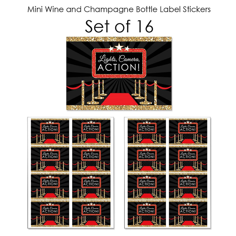 Red Carpet Hollywood - Mini Wine and Champagne Bottle Label Stickers - Movie Night Party Favor Gift for Women and Men - Set of 16