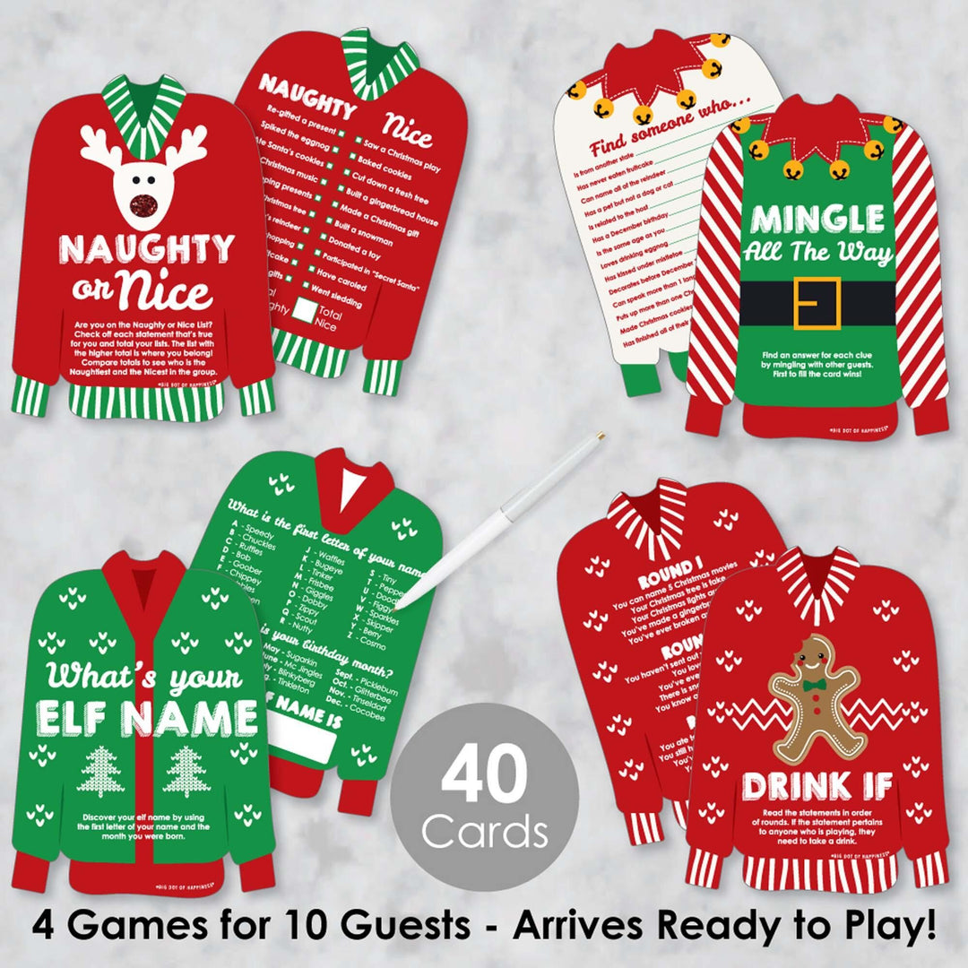Ugly Sweater - 4 Holiday and Christmas Party Games - 10 Cards Each - Naughty or Nice, Drink If, Mingle All the Way, What's Your Elf Name - Gamerific Bundle