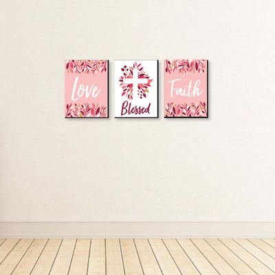 Pink Elegant Cross - Nursery Wall Art, Kids Room Decor and Religious Home Decorations - 7.5 x 10 inches - Set of 3 Prints
