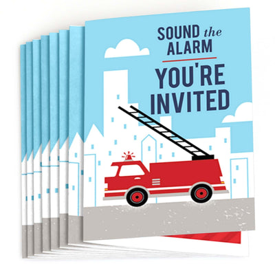 Fired Up Fire Truck - Fill In Firefighter Firetruck Baby Shower or Birthday Party Invitations - 8 ct