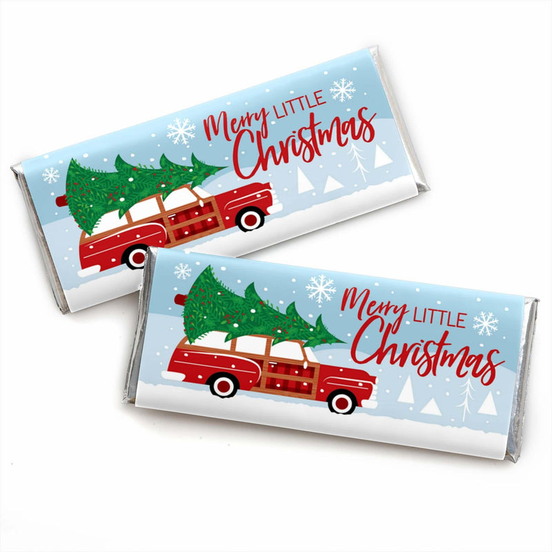 Merry Little Christmas Tree - Candy Bar Wrapper Red Truck and Car Christmas Party Favors - Set of 24
