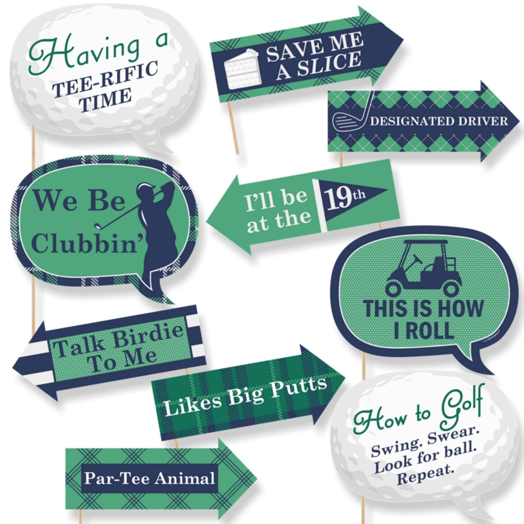 A set of 10 printed and cut photo booth props related to golf, with humorous phrases and golfing themes, primarily in green and navy colors.