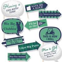 A set of 10 printed and cut photo booth props related to golf, with humorous phrases and golfing themes, primarily in green and navy colors.