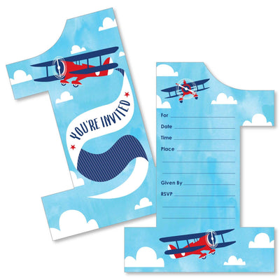 1st Birthday Taking Flight - Airplane - Shaped Fill-In Invitations - Vintage Plane First Birthday Party Invitation Cards with Envelopes - Set of 12