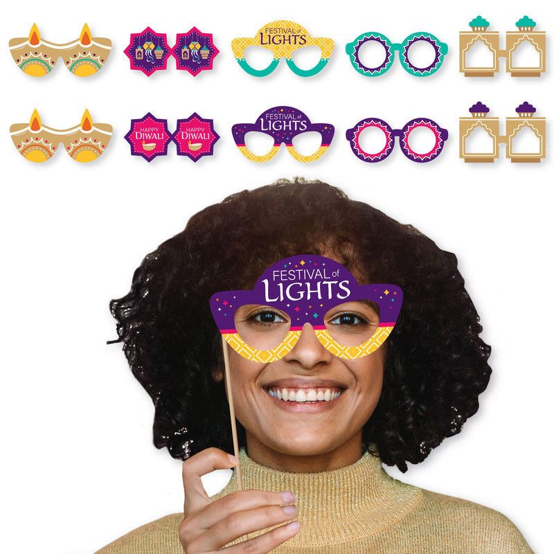 Happy Diwali Glasses - Paper Card Stock Festival of Lights Party Photo Booth Props Kit - 10 Count