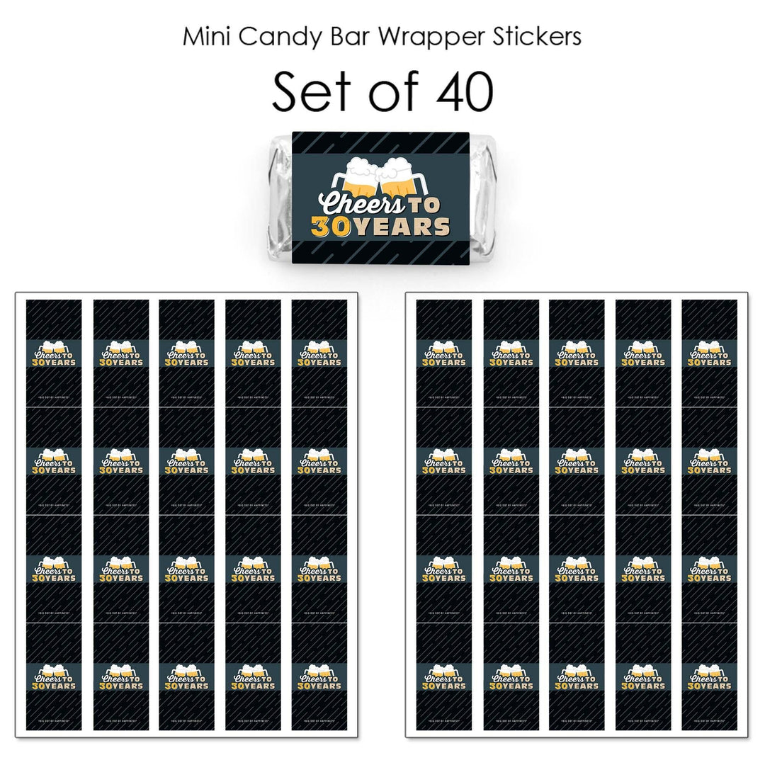 Cheers and Beers to 30 Years - Mini Candy Bar Wrapper Stickers - 30th Birthday Party Small Favors - 40 Count