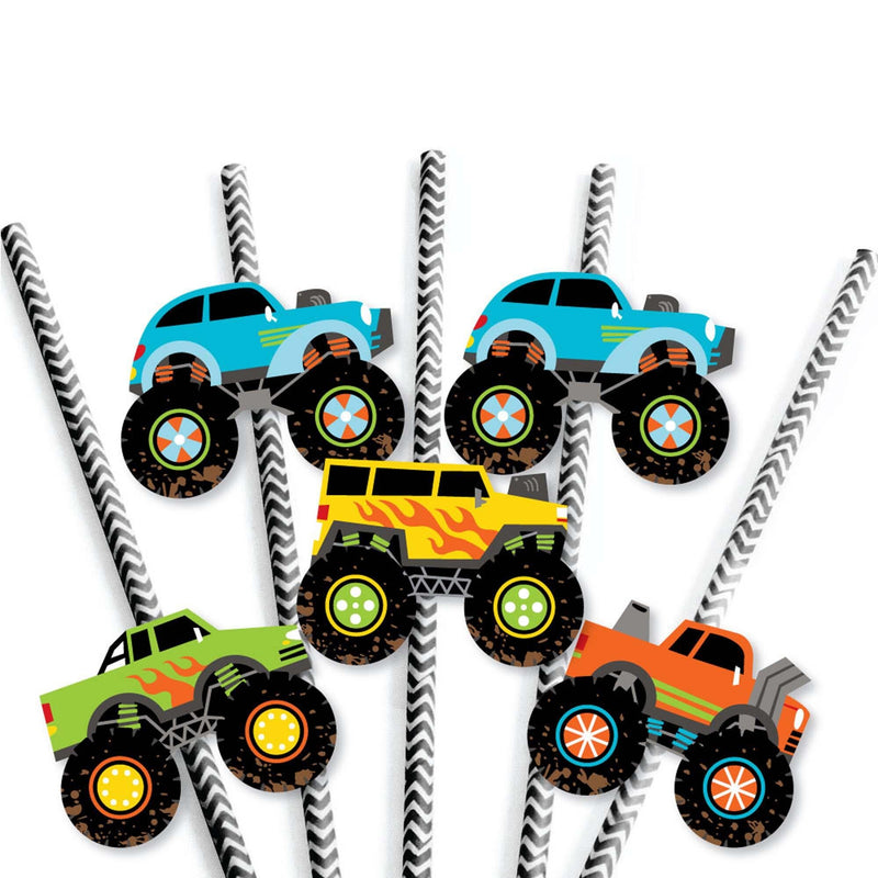 Smash and Crash - Monster Truck - Paper Straw Decor - Boy Birthday Party Striped Decorative Straws - Set of 24