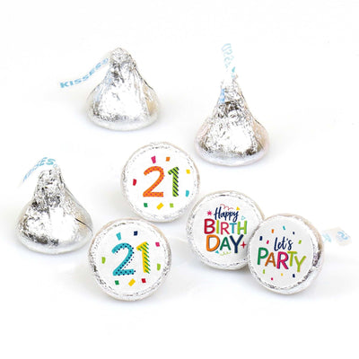 21st Birthday - Cheerful Happy Birthday - Round Candy Labels Colorful Twenty-First Birthday Party Favors - Fits Hershey's Kisses - 108 ct