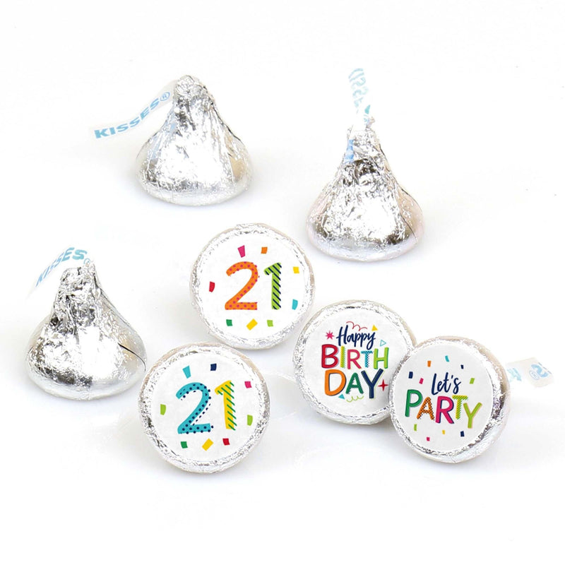 21st Birthday - Cheerful Happy Birthday - Round Candy Labels Colorful Twenty-First Birthday Party Favors - Fits Hershey&