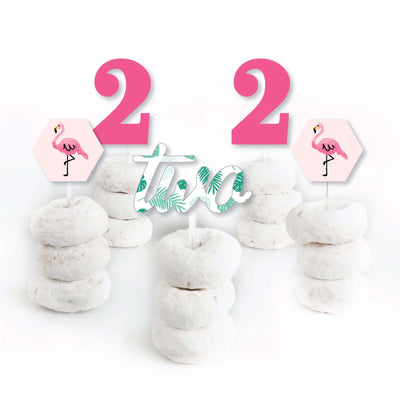 2nd Birthday Pink Flamingo - Dessert Cupcake Toppers - Tropical Second Birthday Party Clear Treat Picks - Set of 24