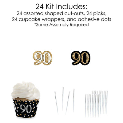 Adult 90th Birthday - Gold - Cupcake Decorations - Birthday Party Cupcake Wrappers and Treat Picks Kit - Set of 24