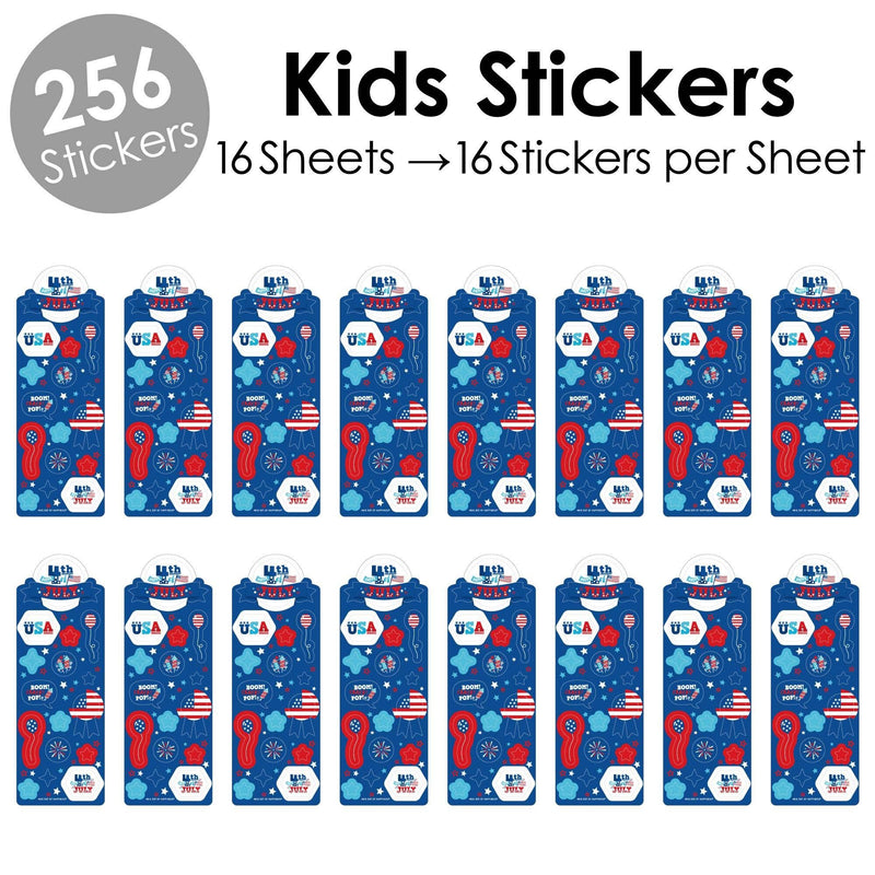 Firecracker 4th of July - Red, White and Royal Blue Party Favor Kids Stickers - 16 Sheets - 256 Stickers