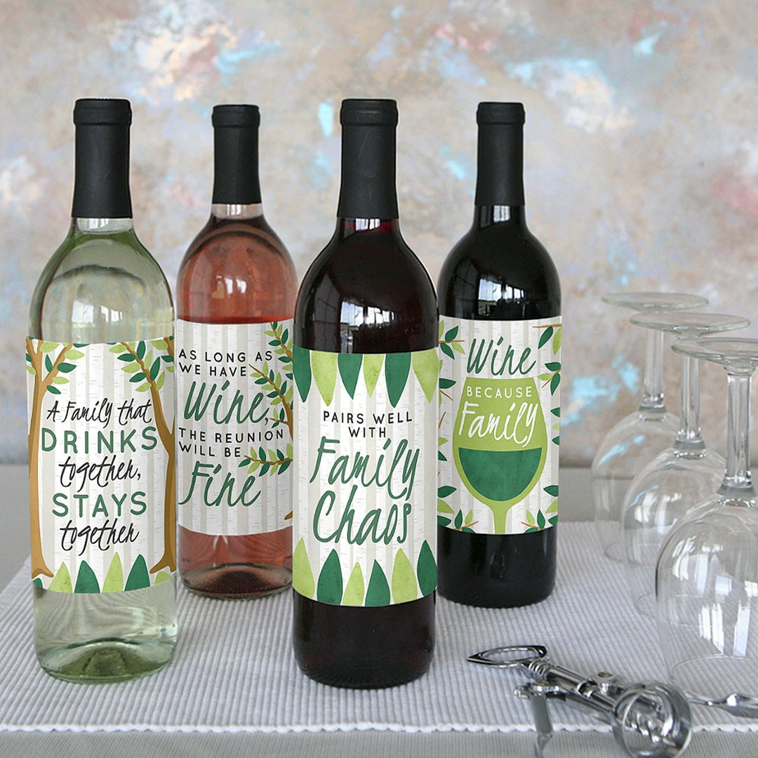Family Tree Reunion - Family Gathering Party Decorations for Women and Men - Wine Bottle Label Stickers - Set of 4
