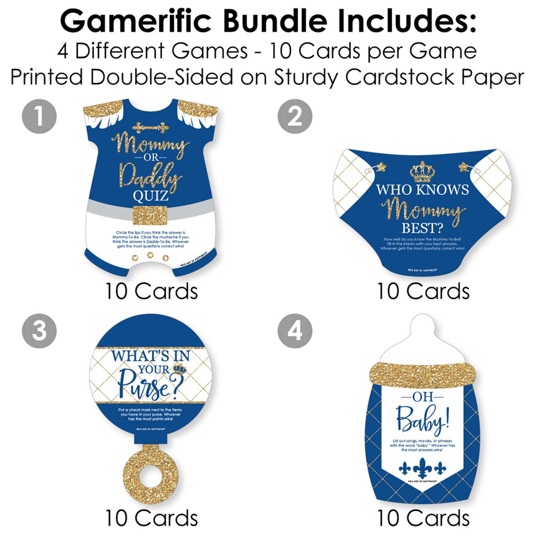 Royal Prince Charming - 4 Baby Shower Games - 10 Cards Each - Who Knows Mommy Best, Mommy or Daddy Quiz, What's in Your Purse and Oh Baby - Gamerific Bundle
