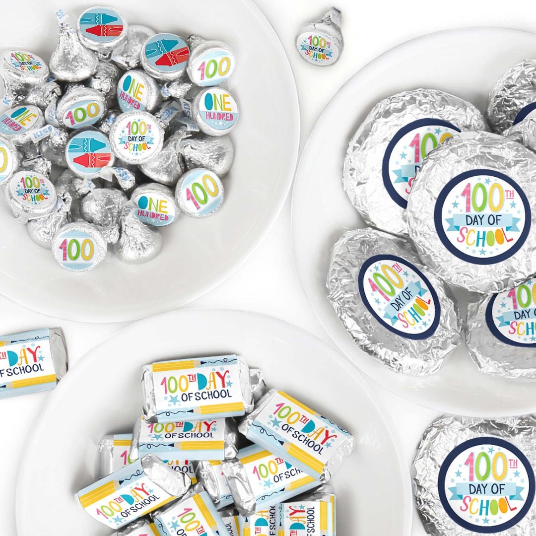 Happy 100th Day of School - Mini Candy Bar Wrappers, Round Candy Stickers and Circle Stickers - 100 Days Party Candy Favor Sticker Kit - 304 Pieces