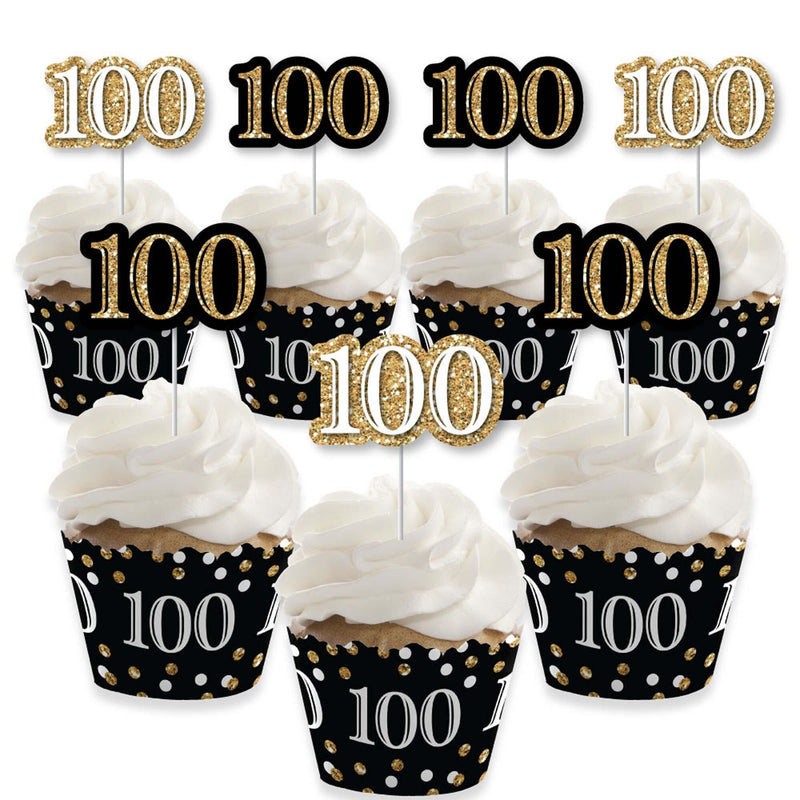 Adult 100th Birthday - Gold - Cupcake Decoration - Birthday Party Cupcake Wrappers and Treat Picks Kit - Set of 24