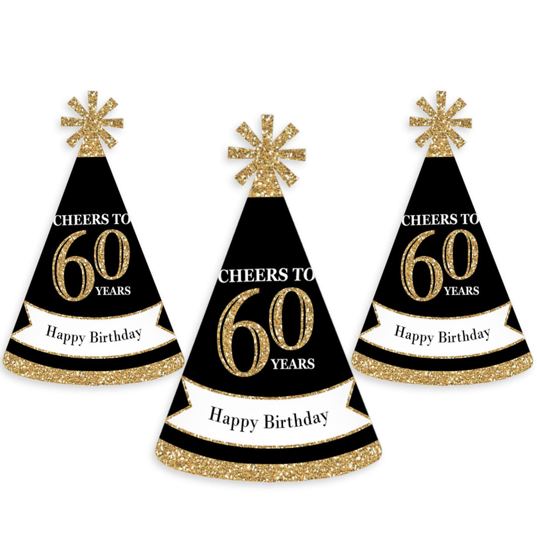 Adult 60th Birthday - Gold - Cone Birthday Party Hats for Adults - Set of 8 (Standard Size)
