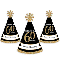 Adult 60th Birthday - Gold - Cone Birthday Party Hats for Adults - Set of 8 (Standard Size)
