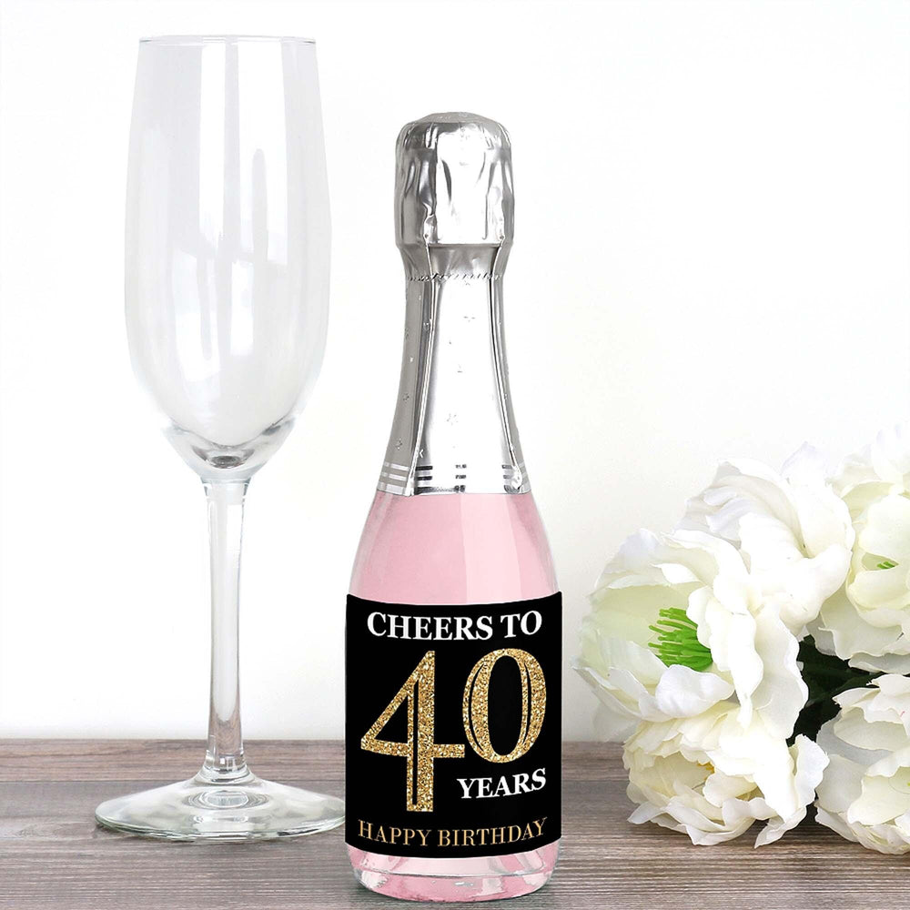 Adult 40th Birthday - Gold - Mini Wine and Champagne Bottle Label Stickers - Birthday Party Favor Gift - For Women and Men - Set of 16