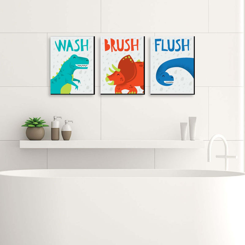 Roar Dinosaur - Kids Bathroom Rules Wall Art - 7.5 x 10 inches - Set of 3 Signs - Wash, Brush, Flush