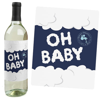 Boy Special Delivery - Blue It's A Boy Stork Baby Shower Decorations for Women and Men - Wine Bottle Label Stickers - Set of 4