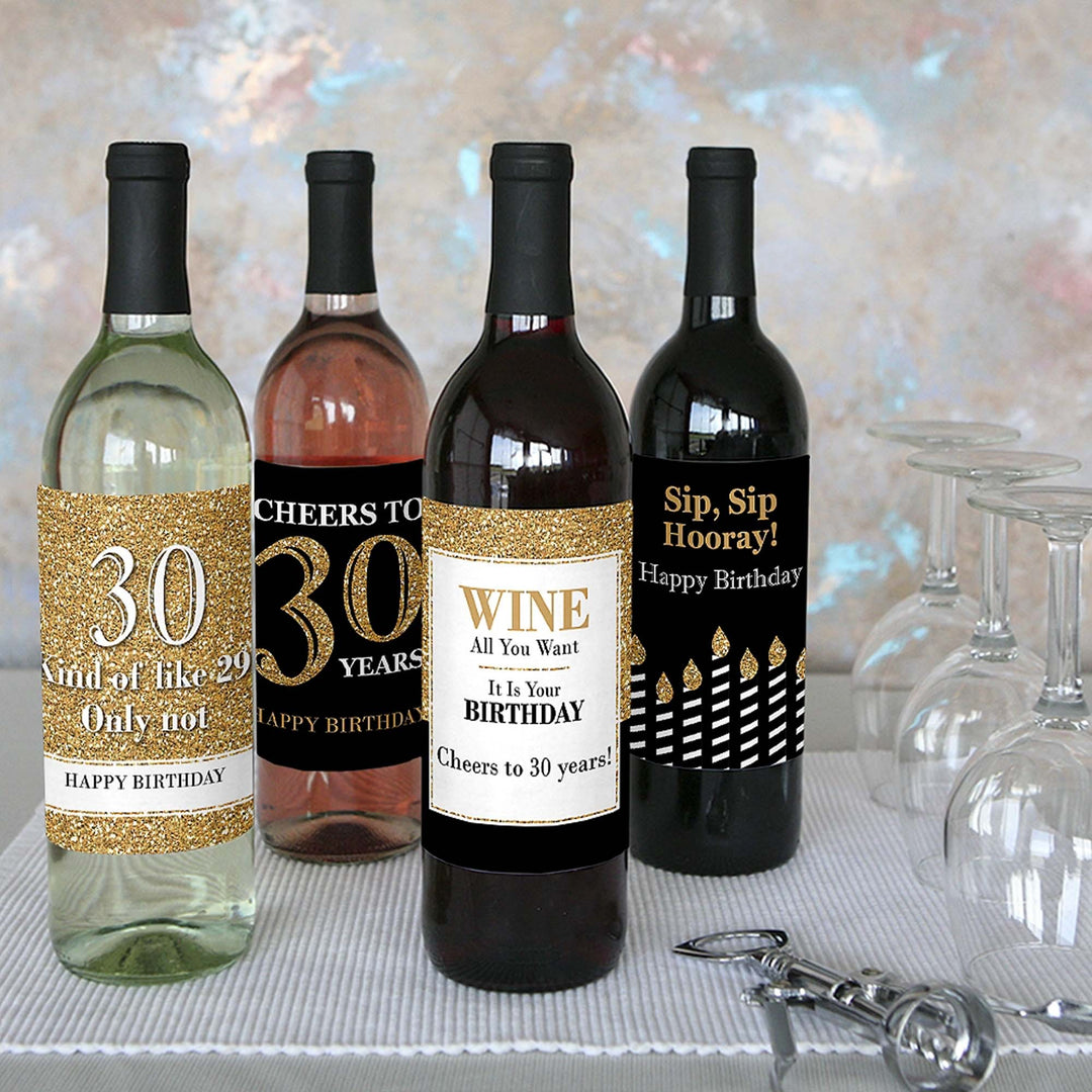 Adult 30th Birthday - Gold - Decorations for Women and Men - Wine Bottle Label Birthday Party Gift - Set of 4
