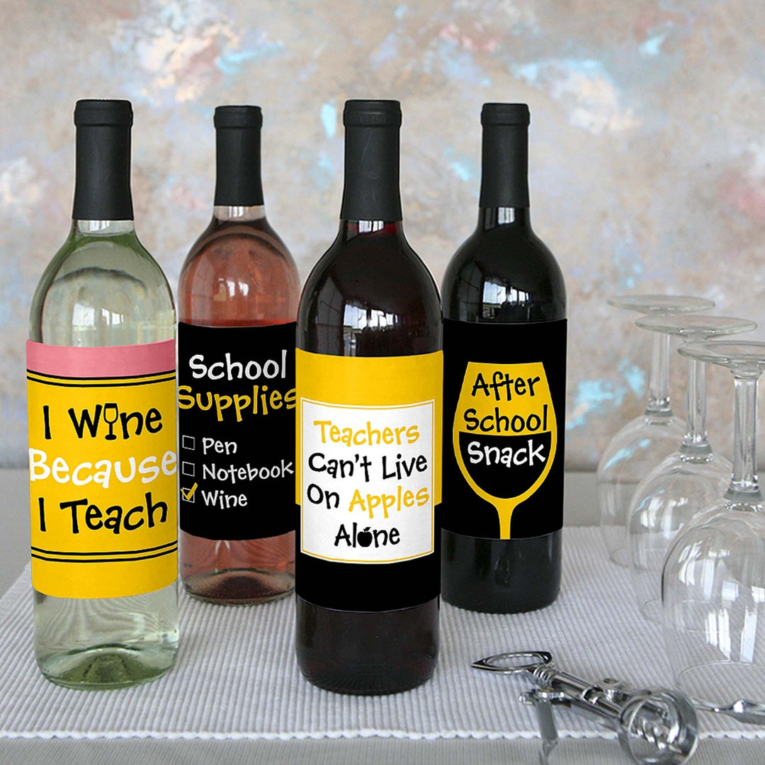 Best Teacher Gift - Teacher Appreciation Christmas Gift Decorations for Women and Men - Wine Bottle Label Stickers - First and Last Day of School Gifts for Teachers - Set of 4