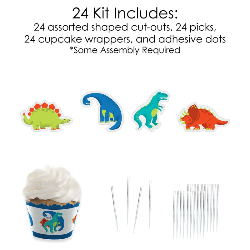 Roar Dinosaur - Cupcake Decoration - Dino Mite Trex Baby Shower or Birthday Party Cupcake Wrappers and Treat Picks Kit - Set of 24