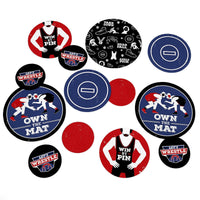 An assortment of round party confetti with various designs related to wrestling, including circles with text and wrestling motifs, and solid colored circles.