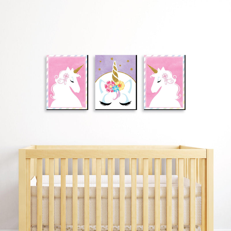 Rainbow Unicorn - Baby Girl Nursery Wall Art & Kids Room Decor - 7.5 x 10 inches - Set of 3 Prints