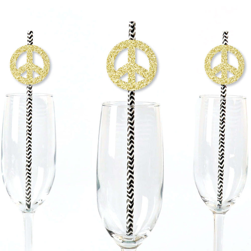 Gold Glitter Peace Sign Party Straws - No-Mess Real Gold Glitter Cut-Outs and Decorative 60&