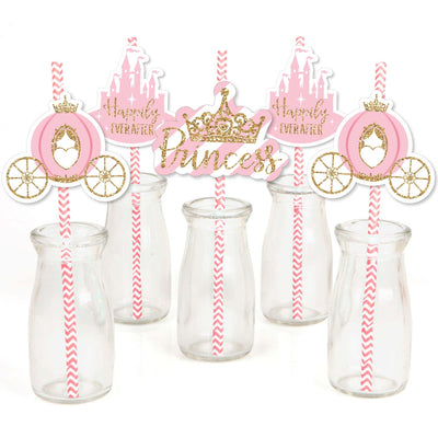 Little Princess Crown - Paper Straw Decor - Pink and Gold Princess Baby Shower or Birthday Party Striped Decorative Straws - Set of 24