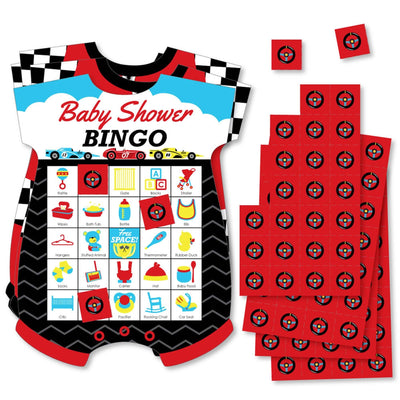 Let's Go Racing - Racecar - Picture Bingo Cards and Markers - Race Car Baby Shower Shaped Bingo Game - Set of 18