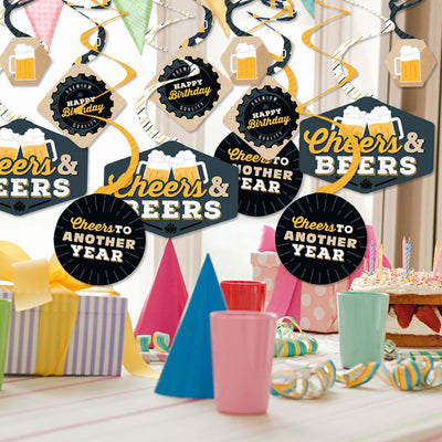 Cheers and Beers Happy Birthday - Birthday Party Hanging Decor - Party Decoration Swirls - Set of 40