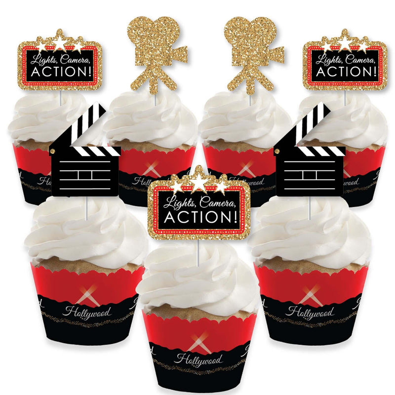 Red Carpet Hollywood - Cupcake Decoration - Movie Night Party Cupcake Wrappers and Treat Picks Kit - Set of 24