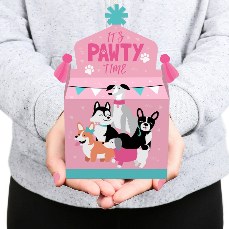 Pawty Like a Puppy Girl - Treat Box Party Favors - Pink Dog Baby Shower or Birthday Party Goodie Gable Boxes - Set of 12