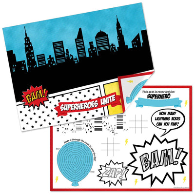 BAM! Superhero - Paper Birthday Party Coloring Sheets - Activity Placemats - Set of 16