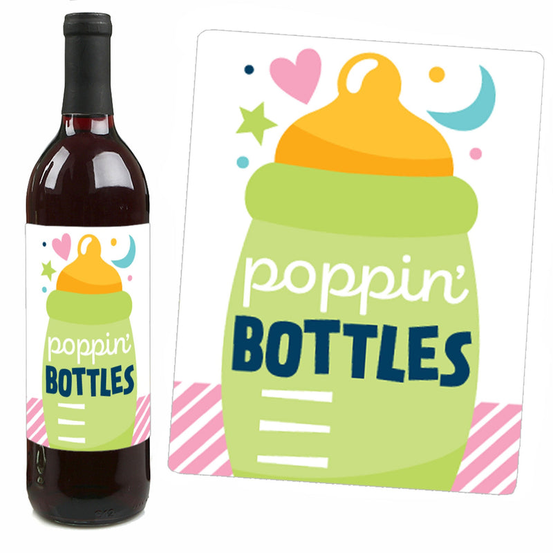 Colorful Baby Shower - Gender Neutral Party Decorations for Women and Men - Wine Bottle Label Stickers - Set of 4