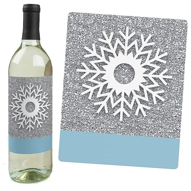 Winter Wonderland - Snowflake Holiday Party & Winter Wedding Decorations for Women and Men - Wine Bottle Label Stickers - Set of 4