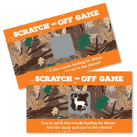 Two scratch-off game cards with camouflage pattern and deer imagery, one with the scratch-off panel covered and another revealing the game underneath.
