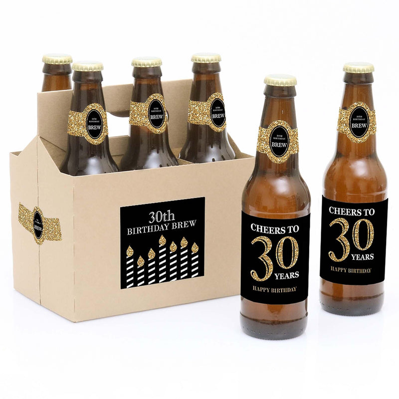 Adult 30th Birthday - Gold - Decorations for Women and Men - 6 Beer Bottle Labels and 1 Carrier - Birthday Gift