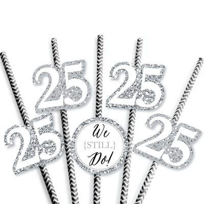 We Still Do - 25th Wedding Anniversary Paper Straw Decor - Anniversary Party Striped Decorative Straws - Set of 24