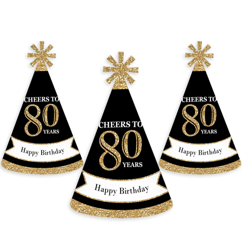 Adult 80th Birthday Gold Cone Birthday Party Hats for Adults Set