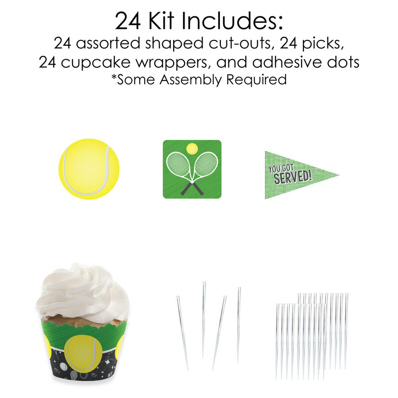 You Got Served - Tennis - Cupcake Decoration - Baby Shower or Tennis Ball Birthday Party Cupcake Wrappers and Treat Picks Kit - Set of 24